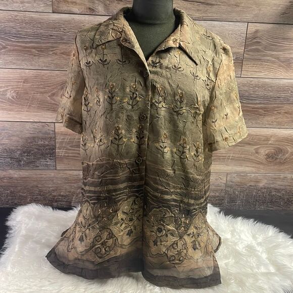 K Studio Sheer Blouse Button Up, Ladies 14, Green Floral Pattern - Picture 1 of 8